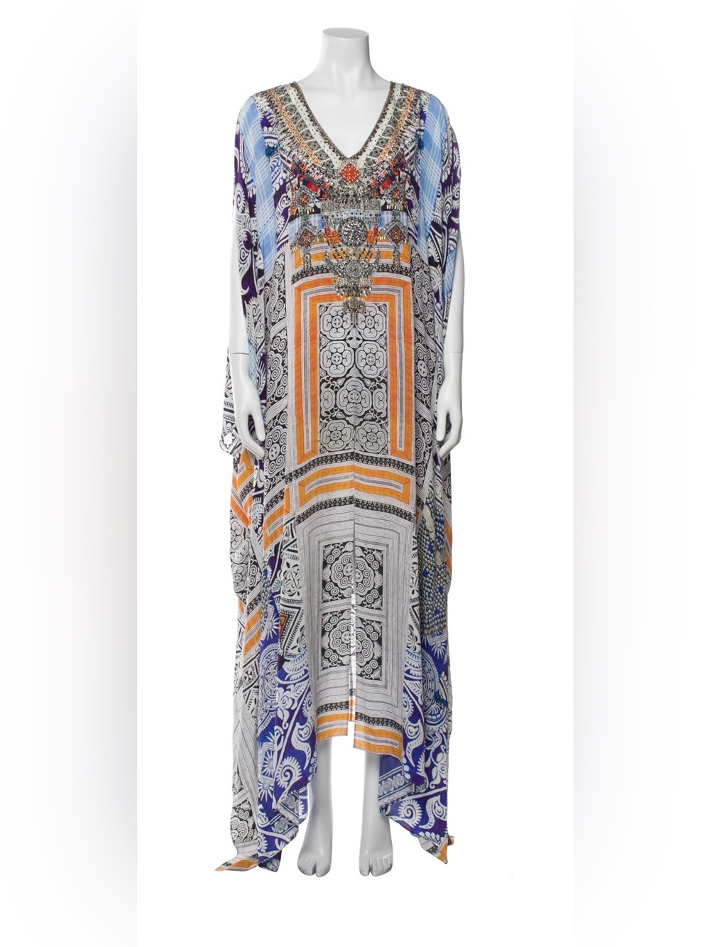 Camilla Printed Maxi Kaftan Dress in Blue, Orange & White